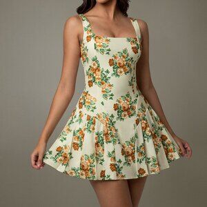 Floral Sleeveless Mini Pleated Dress | Formal Fit & Flare Stretchy Dress
